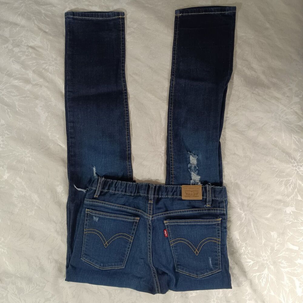 Levis Jeans Girls 16 Reg Blue Darkwash Distressed Denim Girlfriend Stretchy